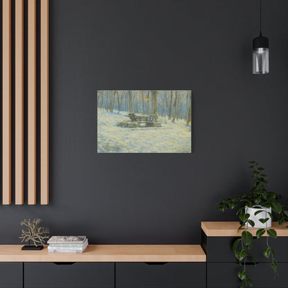 Snowy park bench canvas print by Printify featuring winter woodland scene, stretched 1.25-inch matte canvas wall art.