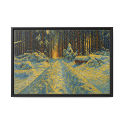 Framed matte canvas print of a snowy forest path at sunset, wall art by Printify, showcasing winter landscape and natural scenery.