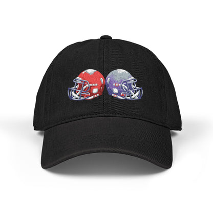 Red and blue embroidered football helmets denim hat by Printify, featuring team-themed design and casual cap style.