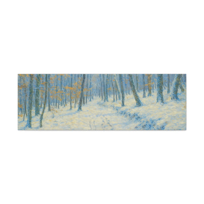 Winter woodland canvas print of snowy forest scene, matte stretched wall art by Printify showcasing a winter landscape.