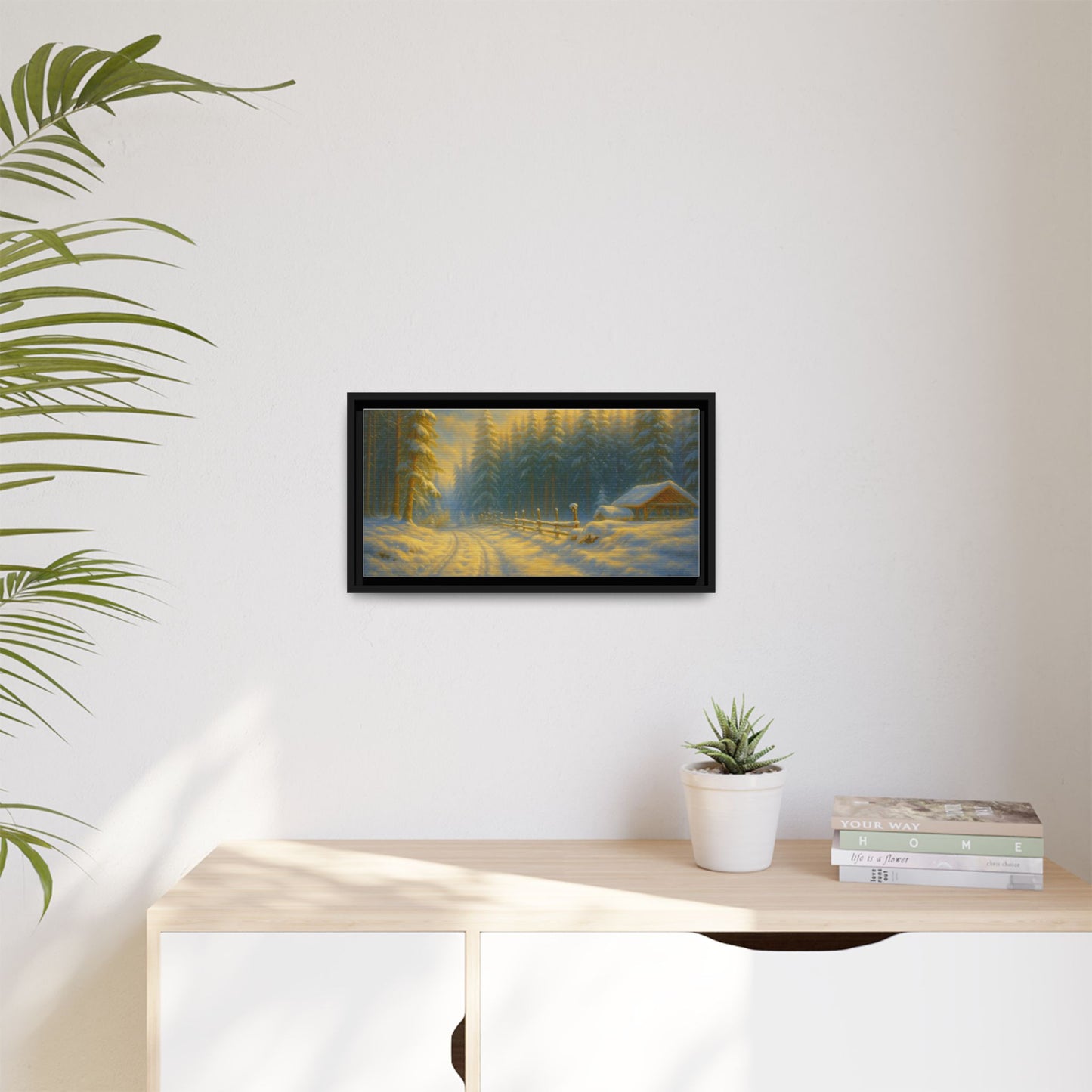 Framed winter cabin canvas print by Printify showing a snowy forest sunset scene, perfect as cozy wall art for winter decor.