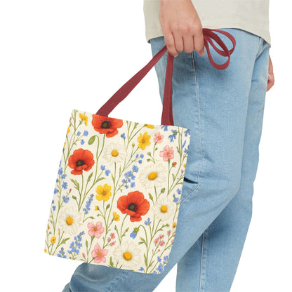 Wildflower Poppy print tote bag by Printify featuring a floral all-over pattern on durable fabric.