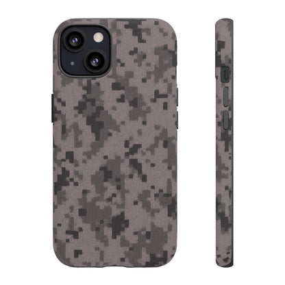 Gray digital camouflage phone case by Printify, tough protective cover for smartphones with rugged camo design.