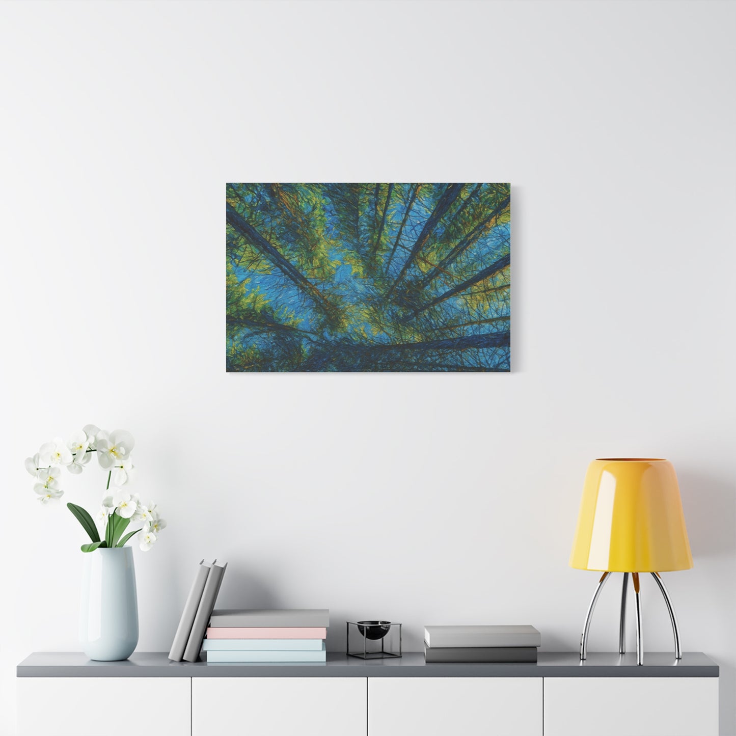 Forest Canopy Matte Canvas Wall Art — Upward View of Trees, Blue & Green Nature Print