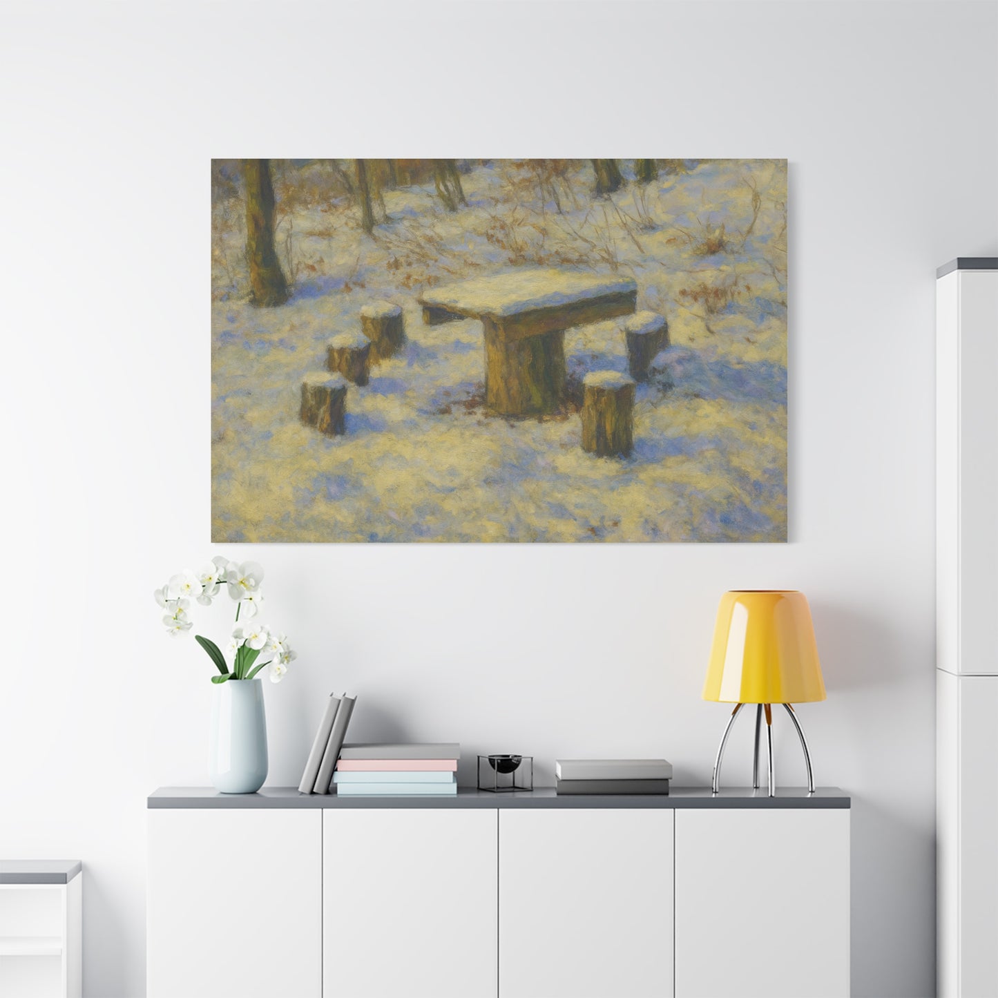 Winter landscape canvas wall art featuring a snowy forest scene, matte stretched print by Printify.