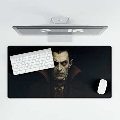 Gothic Dracula vampire portrait desk mat for Halloween and gaming, featuring dark, spooky artwork on a Printify mouse pad.