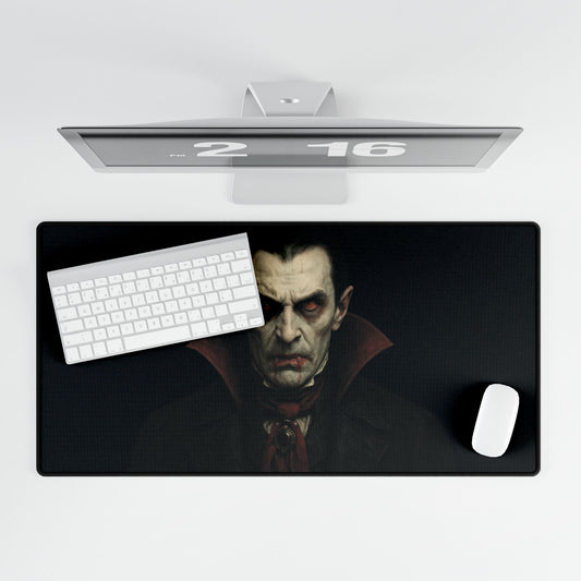 Gothic Dracula vampire portrait desk mat for Halloween and gaming, featuring dark, spooky artwork on a Printify mouse pad.