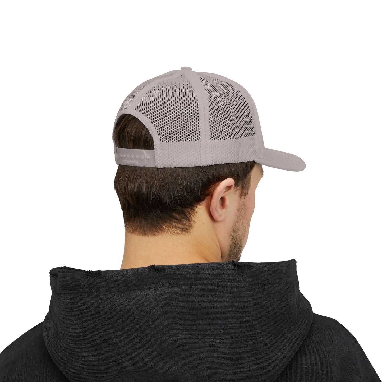 Vintage baseball snapback trucker cap with batter silhouette print, stylish hat by Printify featuring classic trucker style.