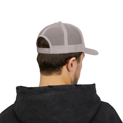 Vintage baseball snapback trucker cap with batter silhouette print, stylish hat by Printify featuring classic trucker style.