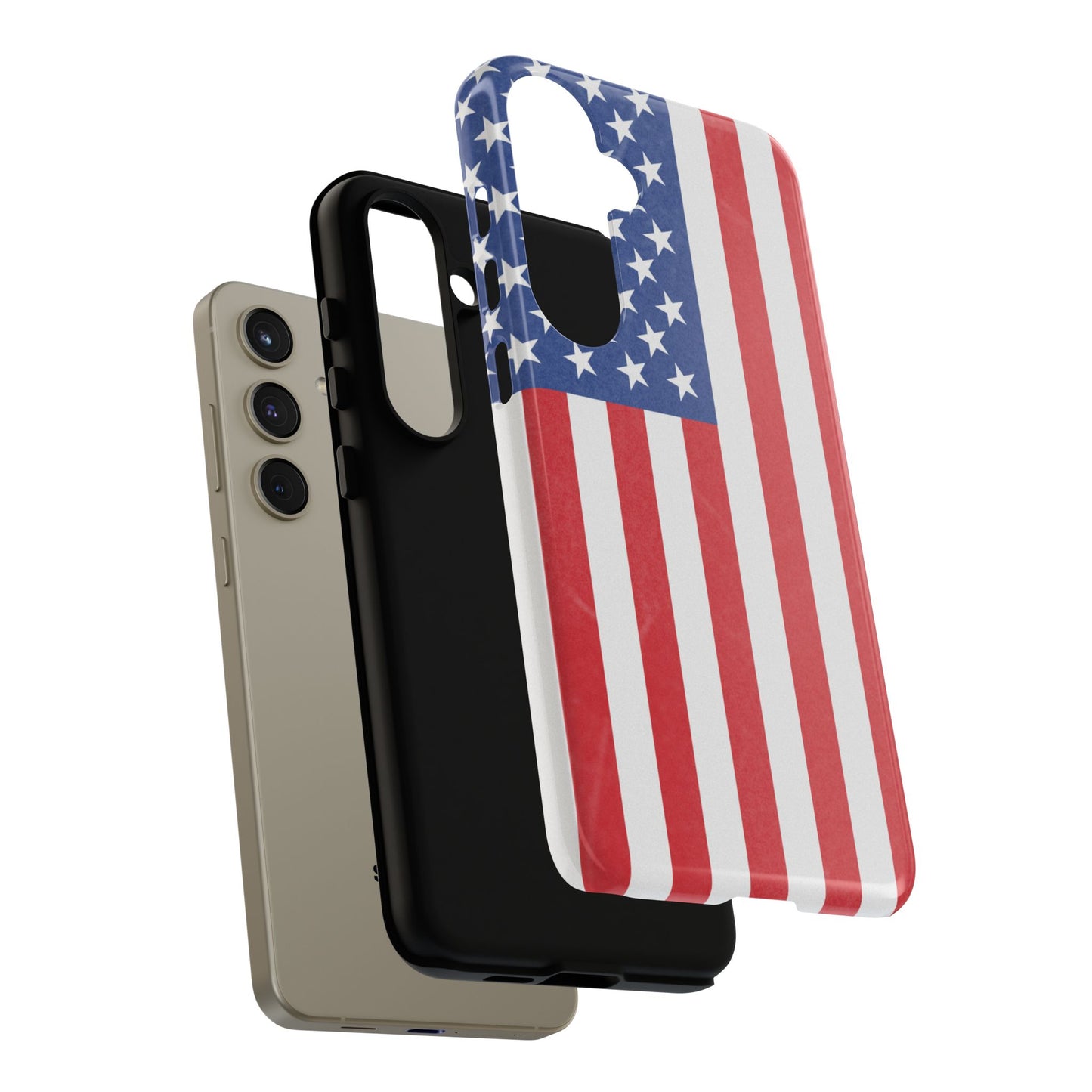 American flag tough phone case for iPhone and Samsung, patriotic protective cover with bold flag design by Printify.