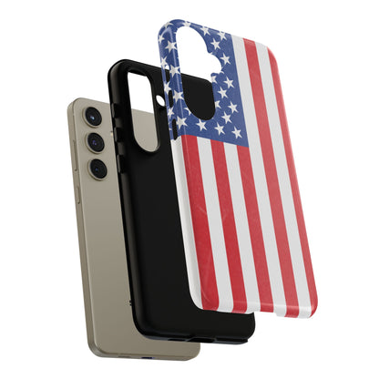 American flag tough phone case for iPhone and Samsung, patriotic protective cover with bold flag design by Printify.