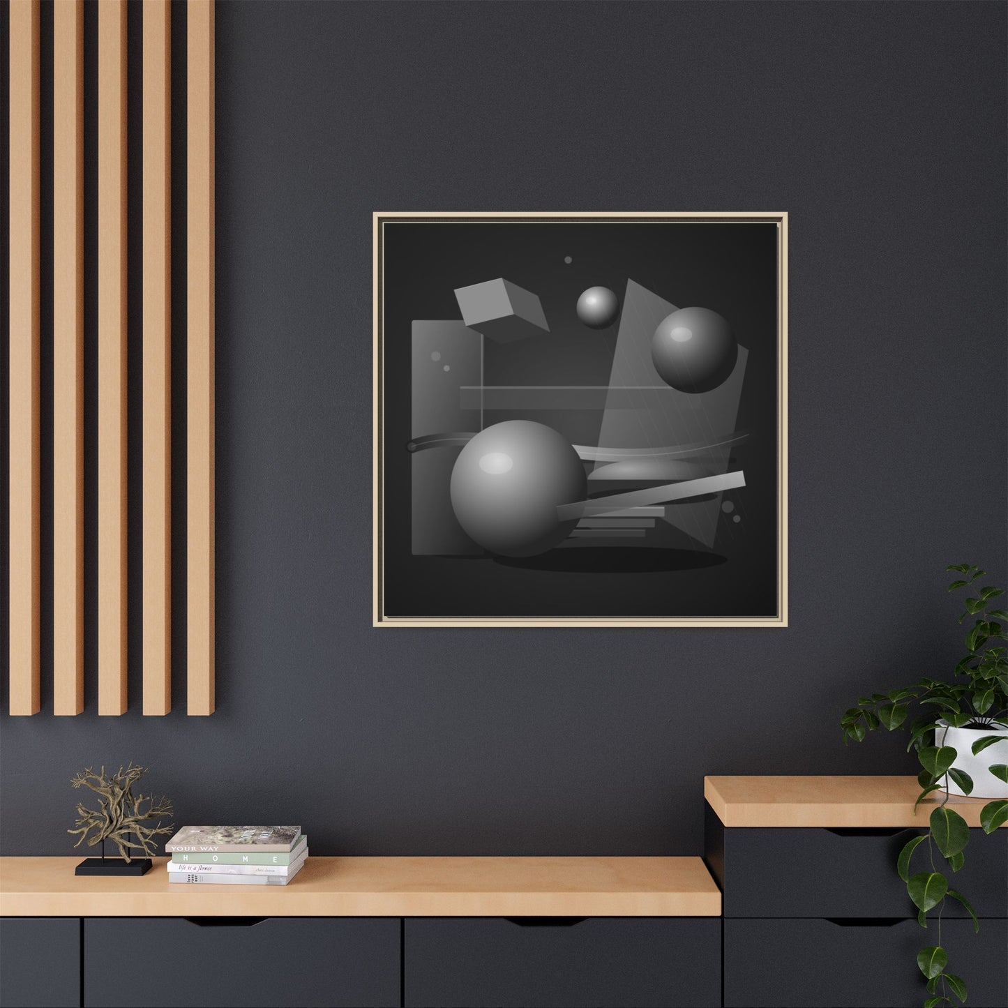 Monochrome Geometric Spheres Canvas Framed Wall Art | Matte Print