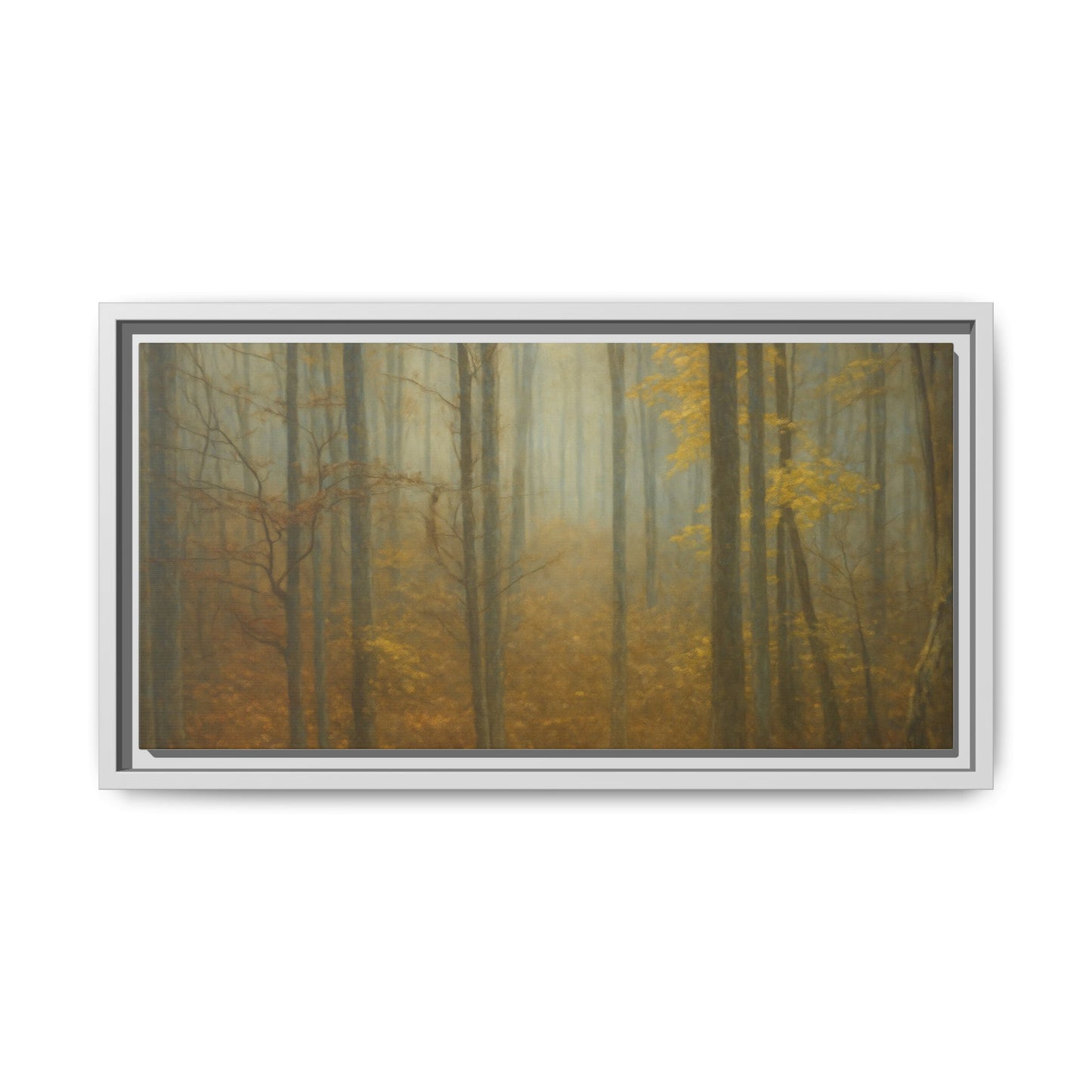 Framed matte canvas wall art of misty autumn forest with trees in warm tones, suitable for home decor from Printify.