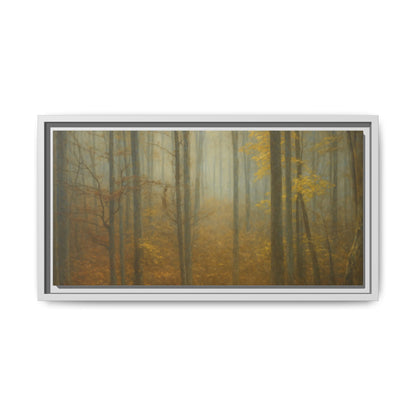 Framed matte canvas wall art of misty autumn forest with trees in warm tones, suitable for home decor from Printify.