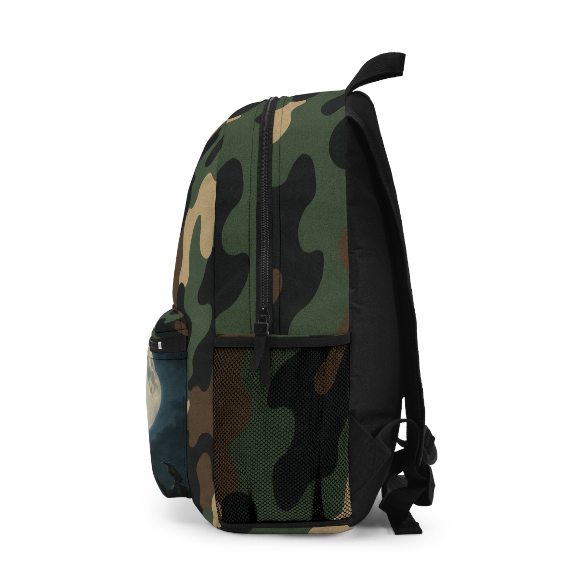 Werewolf camo backpack by Printify with rugged design, suitable for school, hiking, and travel, featuring a detailed werewolf print.