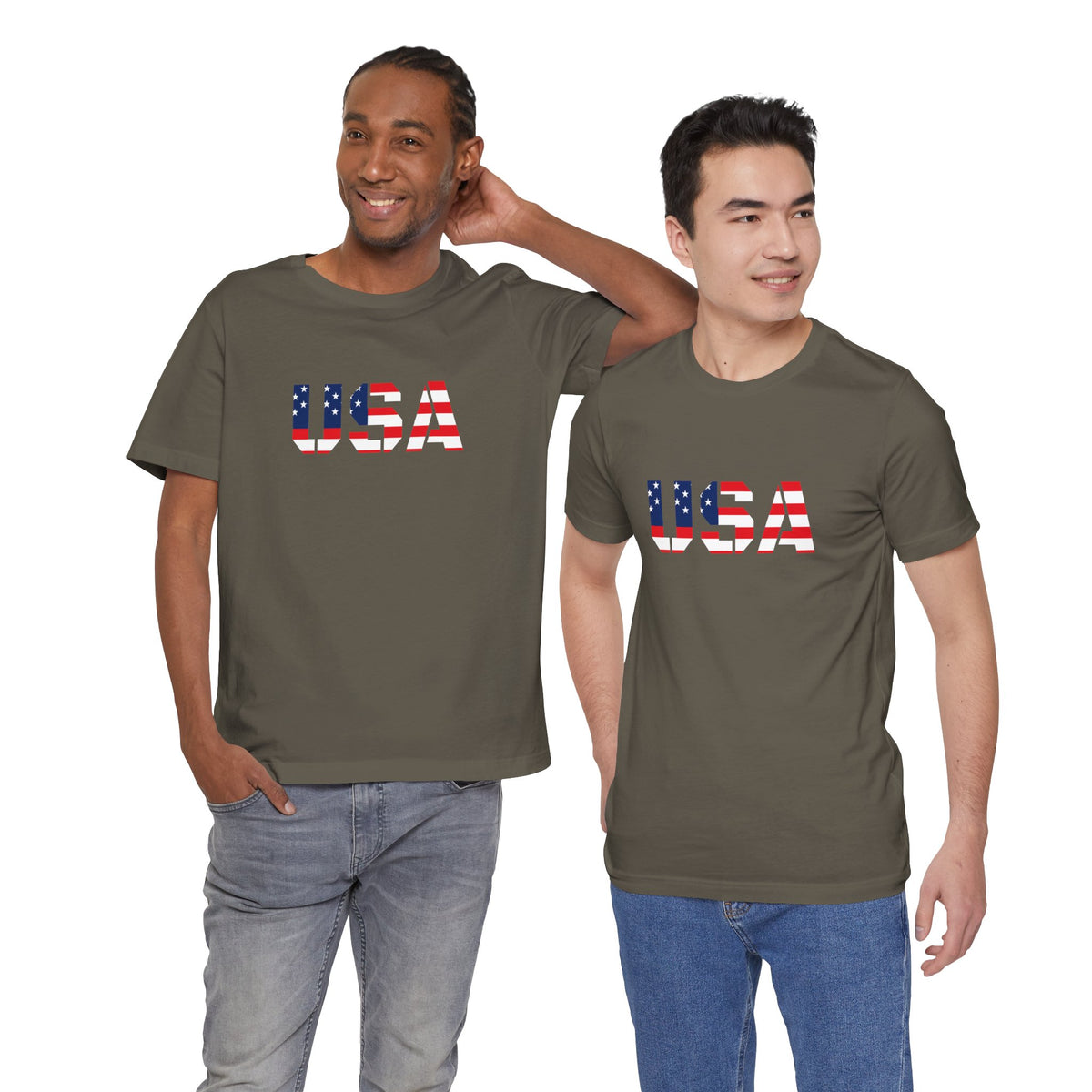 USA flag text T-Shirt by Printify featuring patriotic design for Fourth of July celebration, casual wear with bold American flag print.