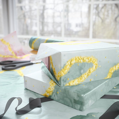 Marble Swirl Wrapping Paper Roll — Pink, Green & Gold Abstract Gift Wrap