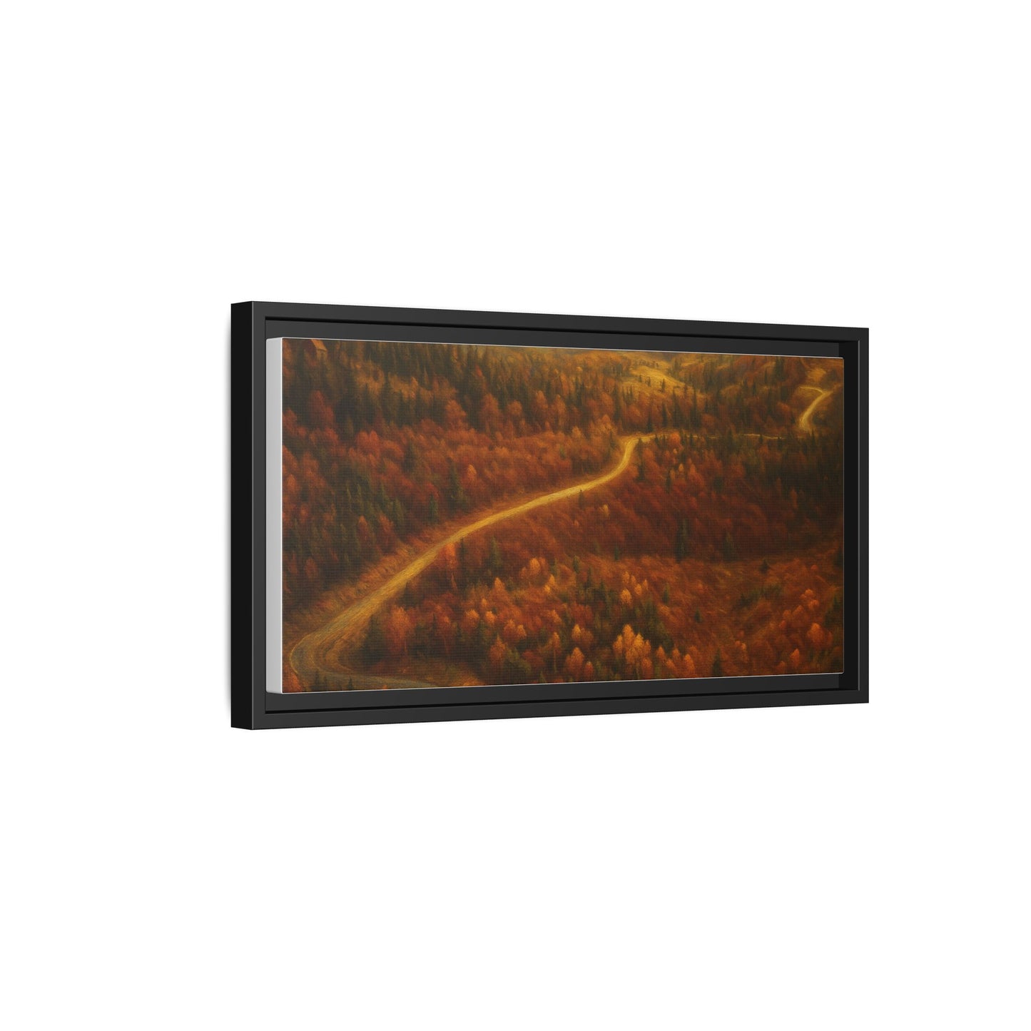 Framed matte canvas print of autumn forest road landscape wall art by Printify, showcasing vibrant fall colors and scenic nature scene.