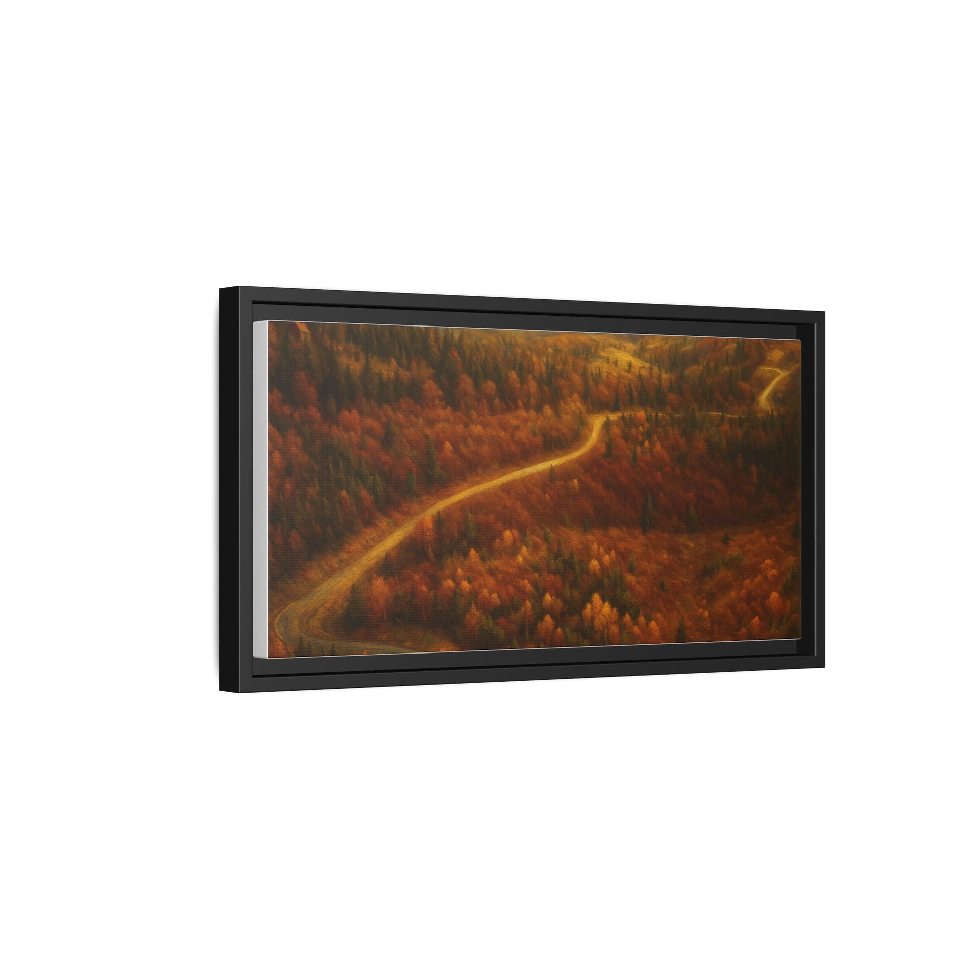 Framed matte canvas print of autumn forest road landscape wall art by Printify, showcasing vibrant fall colors and scenic nature scene.
