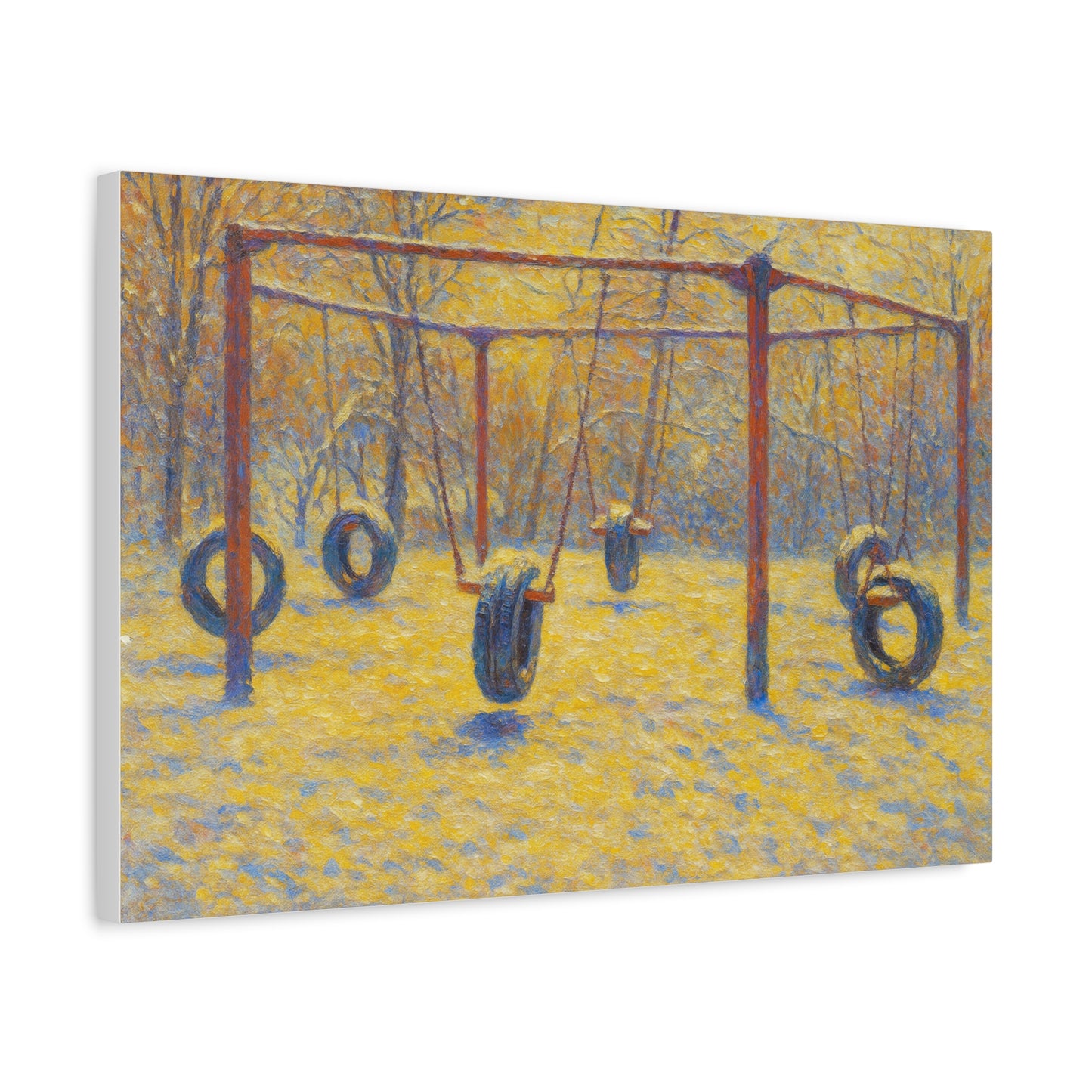 Matte stretched canvas wall art of a tire swing playground scene, printed by Printify, suitable for children's playroom decor
