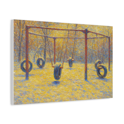 Matte stretched canvas wall art of a tire swing playground scene, printed by Printify, suitable for children's playroom decor
