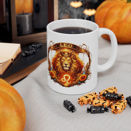 Ceramic Leo zodiac sign illustration mug featuring a detailed lion design, ideal for coffee or tea.