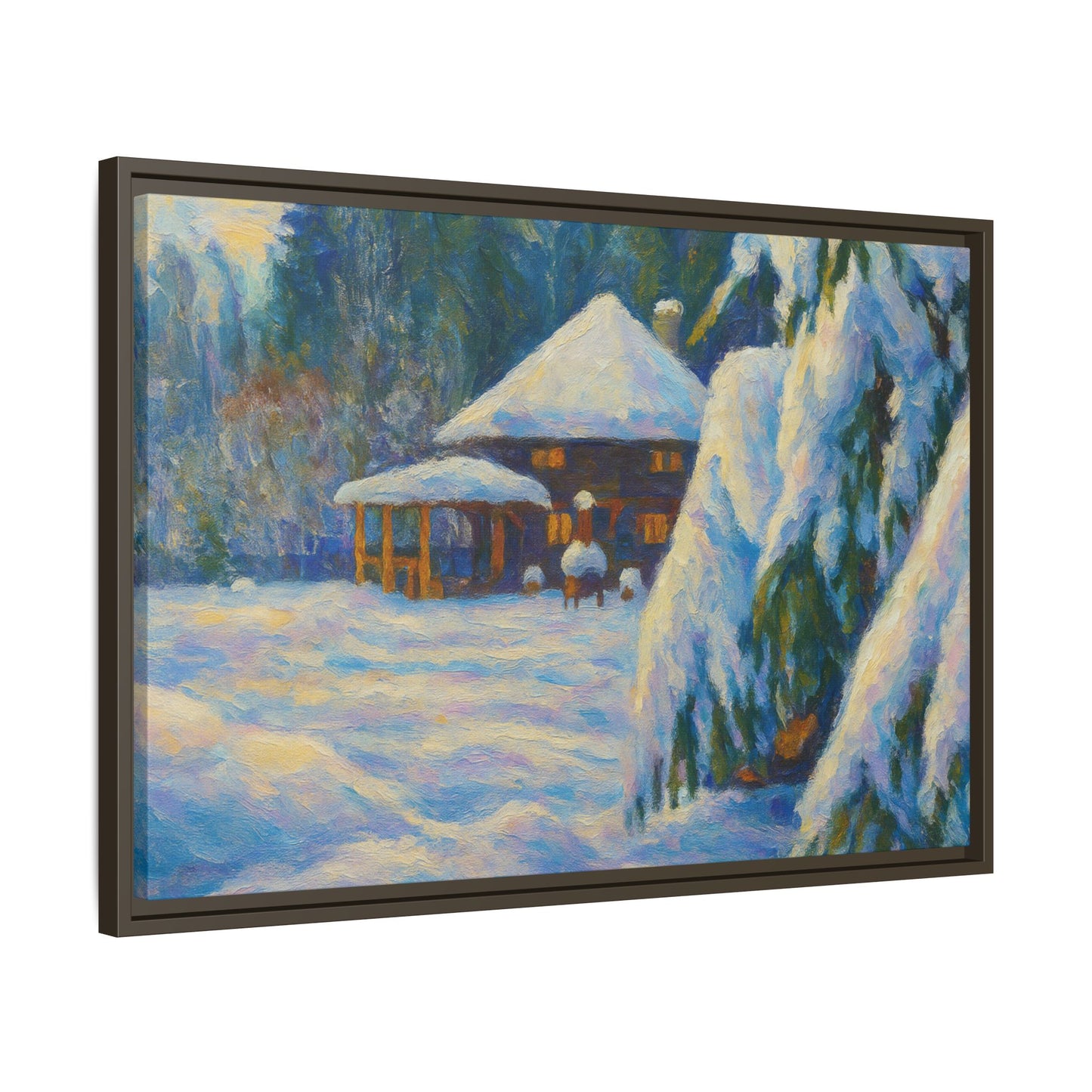 Framed matte canvas print of a snowy cabin winter landscape wall art by Printify, showcasing a cozy cabin surrounded by snow.