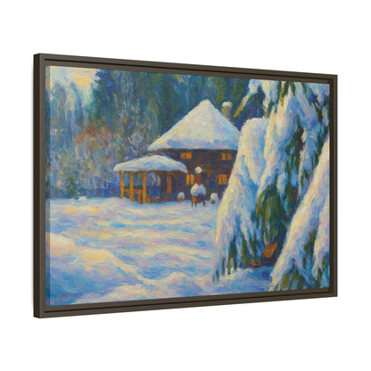 Framed matte canvas print of a snowy cabin winter landscape wall art by Printify, showcasing a cozy cabin surrounded by snow.