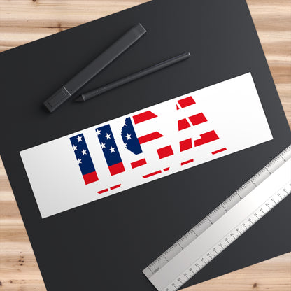 Red, white, and blue USA flag bumper sticker on paper material, patriotic decal with bold flag design.