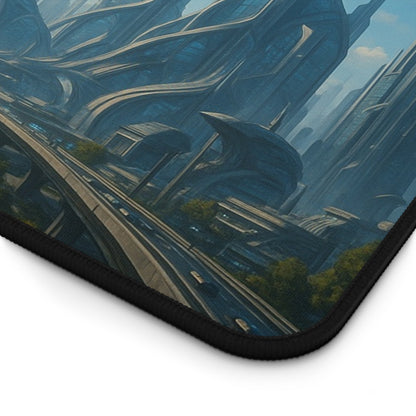 Futuristic cityscape sci-fi skyline desk mat by Printify, featuring a detailed, vibrant city design for a modern workspace.