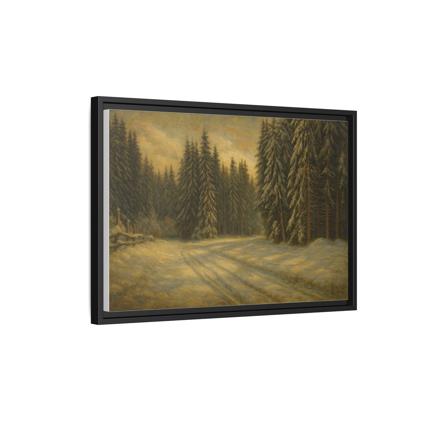 Framed matte canvas of winter forest landscape wall art by Printify, featuring snowy trees and serene woodland scene.