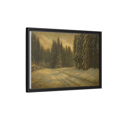 Framed matte canvas of winter forest landscape wall art by Printify, featuring snowy trees and serene woodland scene.