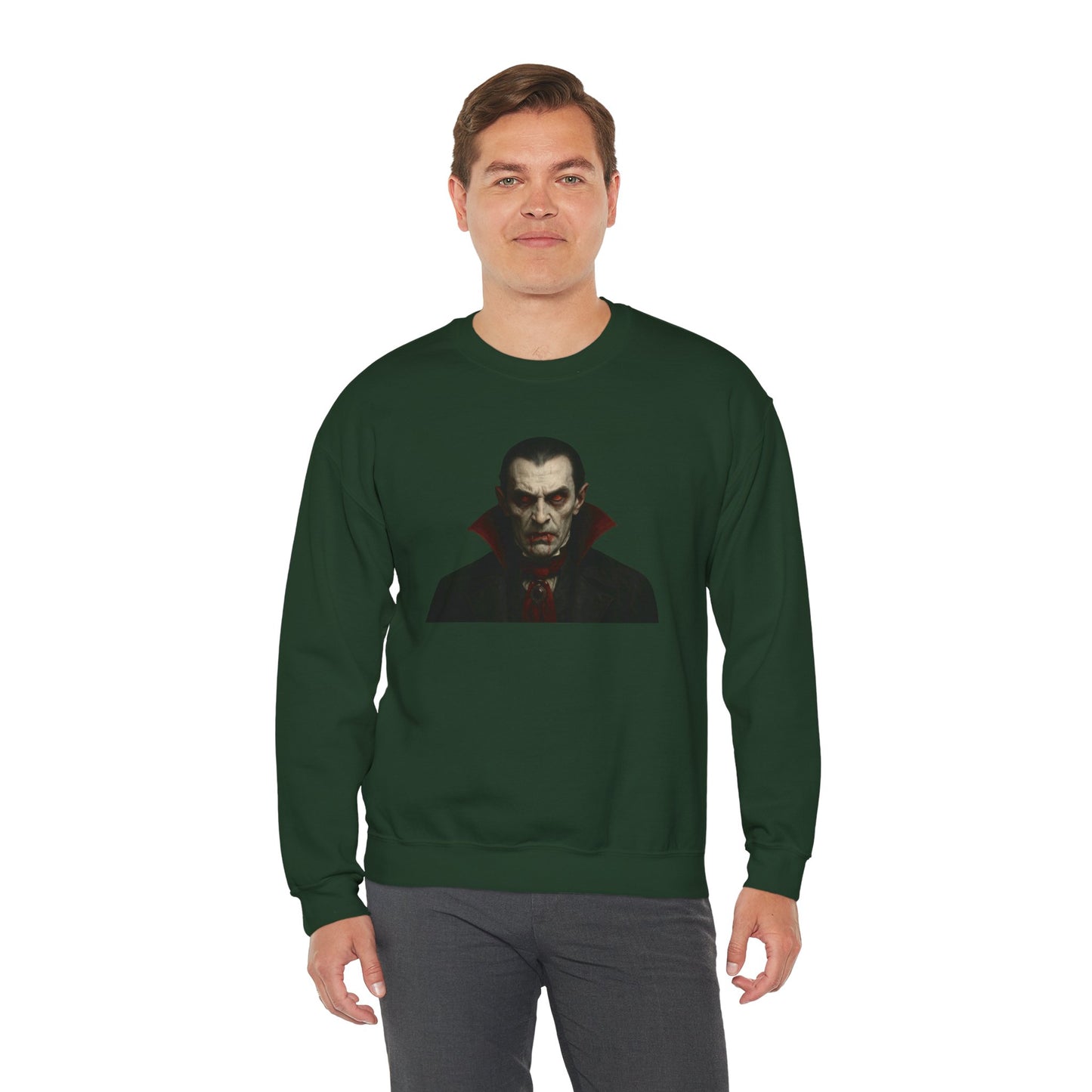 Black vampire portrait crewneck sweatshirt by Printify featuring a detailed vampire illustration on the front.