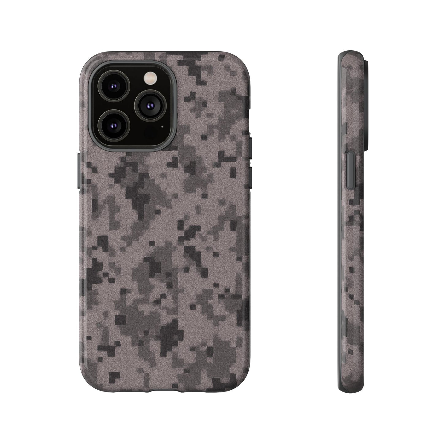 Gray digital camouflage phone case by Printify, rugged protective cover for smartphones with military-inspired camo pattern.
