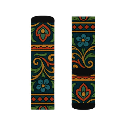 Victorian floral pattern sublimation crew socks with all-over floral print by Printify, featuring vibrant Victorian-style floral tile design.