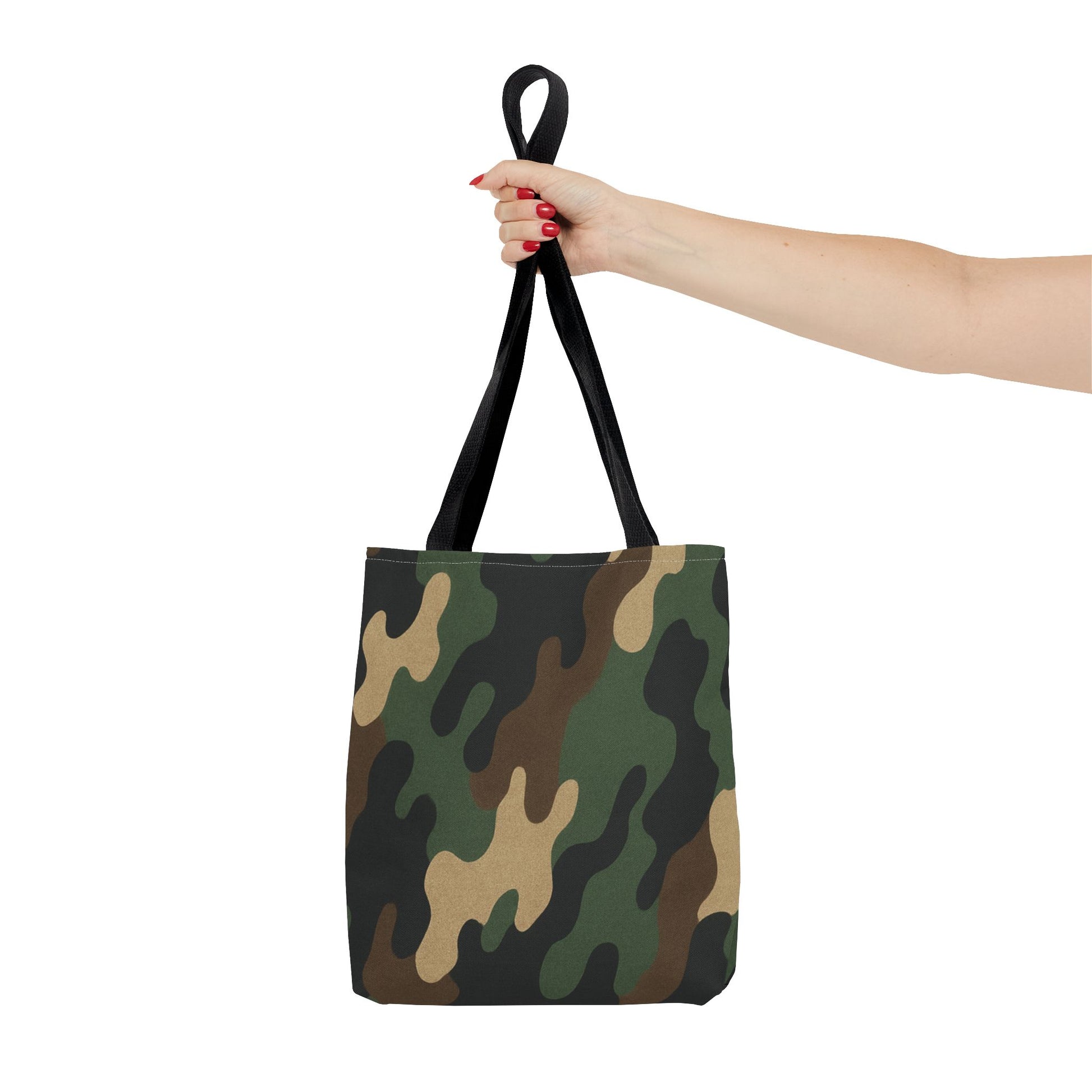 Camo pattern tote bag by Printify with all-over camouflage print, made of canvas, designed for carrying everyday essentials.