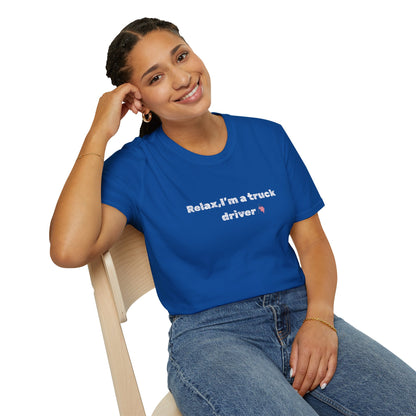 Funny truck driver T-shirt with pink heart design, casual fit, and printed slogan for truckers and trucking enthusiasts.