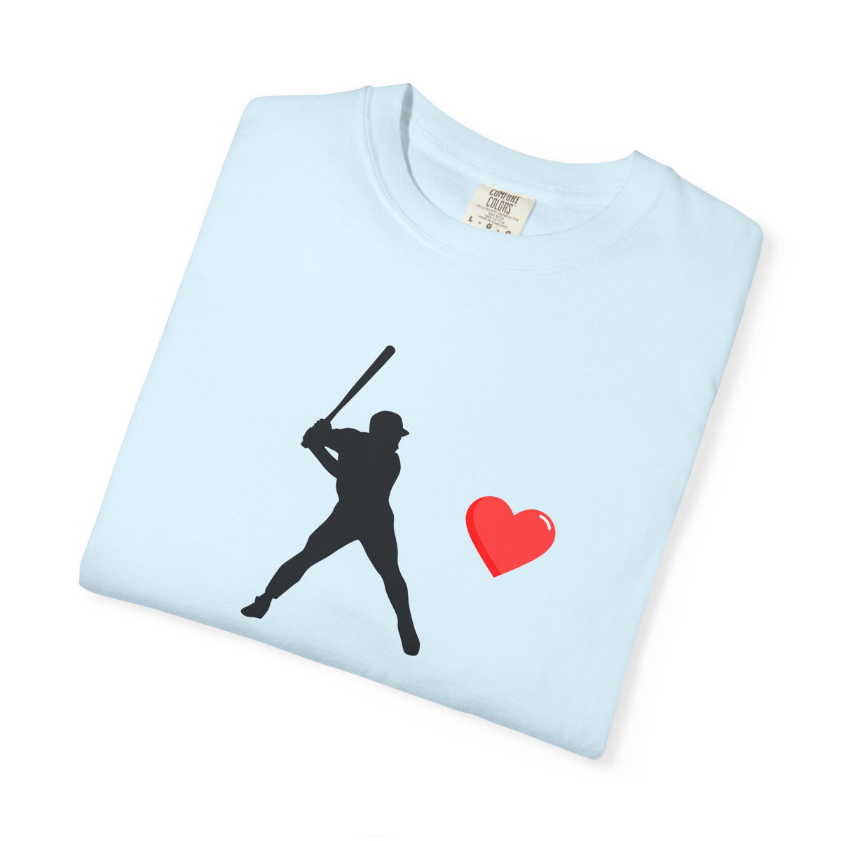 White baseball batter heart T-shirt from Printify with a graphic of a batter swinging a bat on the front.