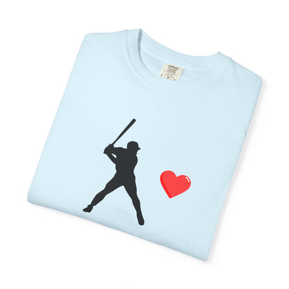 White baseball batter heart T-shirt from Printify with a graphic of a batter swinging a bat on the front.