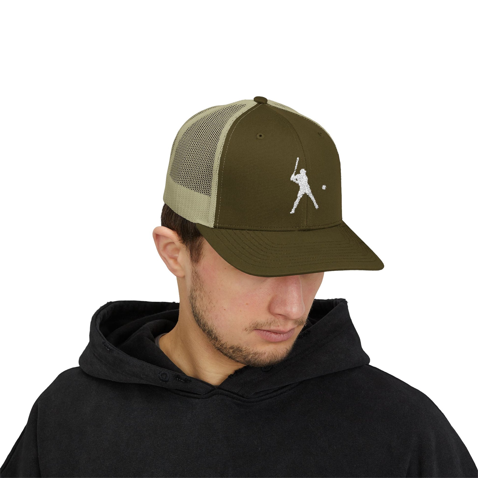 Vintage baseball snapback trucker cap with batter silhouette design, stylish Printify hat perfect for casual wear and outdoor activities.