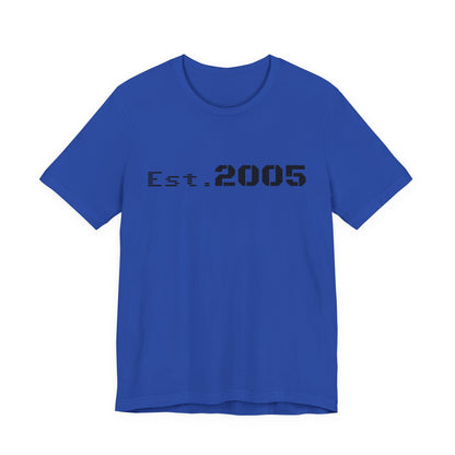 Black Est. 2005 T-shirt by Printify featuring minimalist anniversary year design on soft cotton fabric.