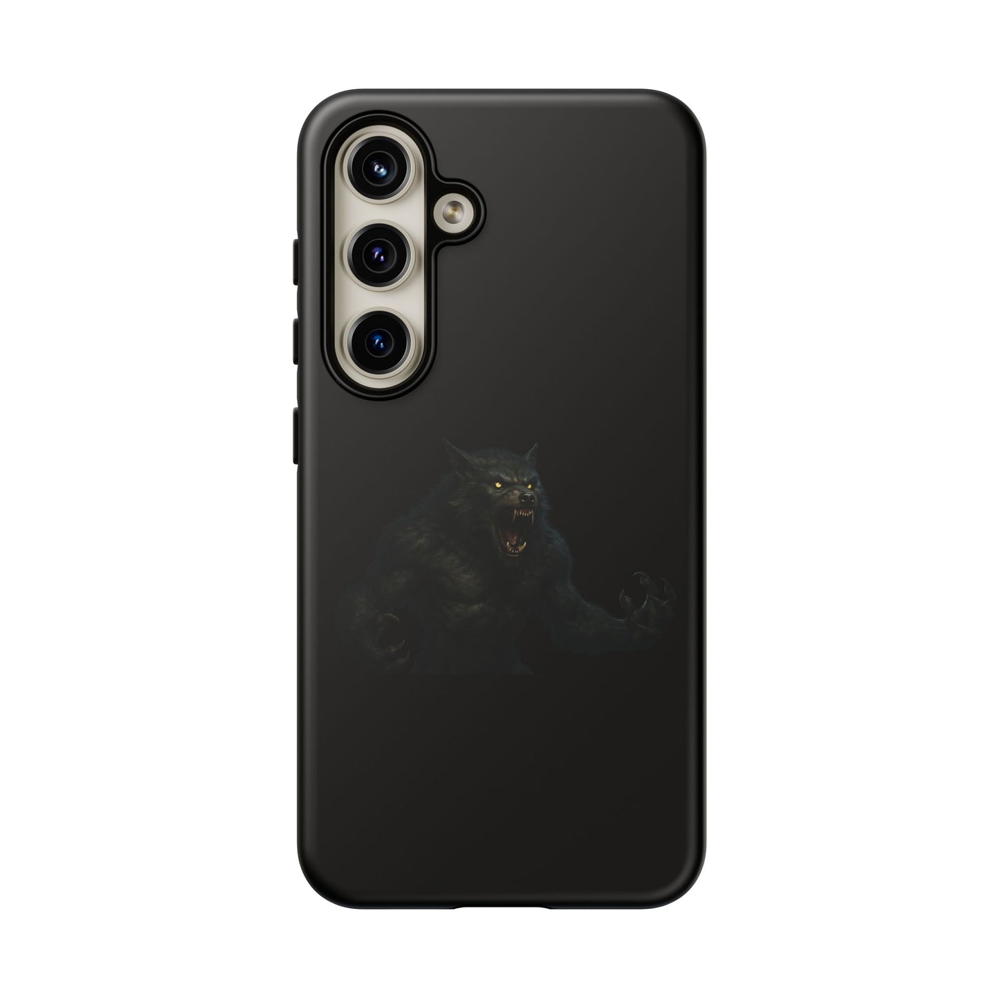 Dark monster graphic werewolf phone case with tough protective design for a smartphone, featuring a fierce creature illustration.