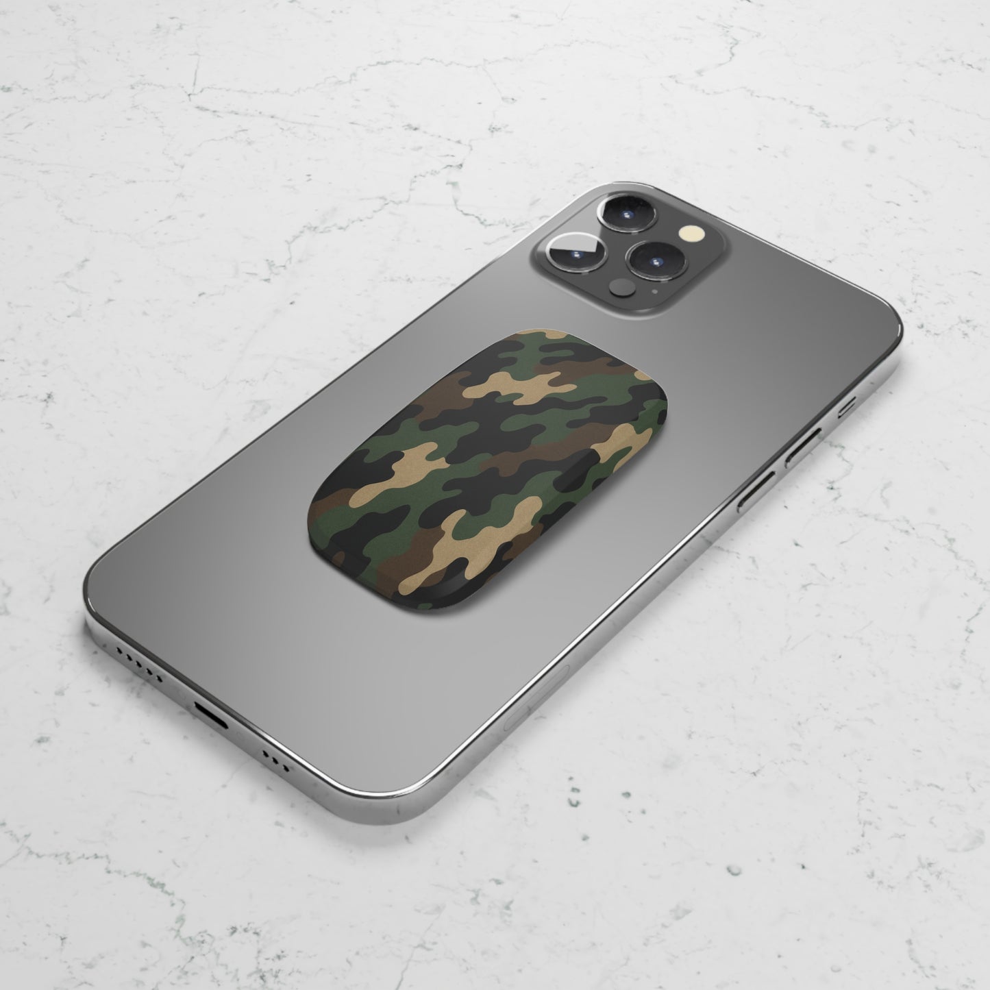 Military green camo phone grip with click-on stand and secure hold, accessory by Printify.