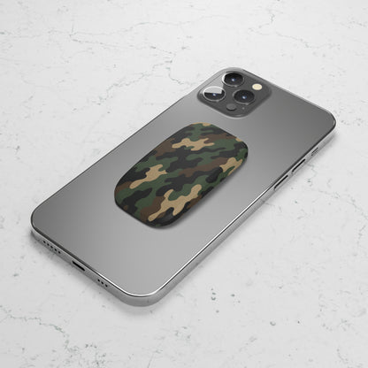 Military green camo phone grip with click-on stand and secure hold, accessory by Printify.
