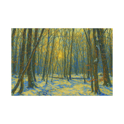 Winter woodland forest sunlight canvas print, matte stretched art by Printify showcasing a serene winter forest scene.