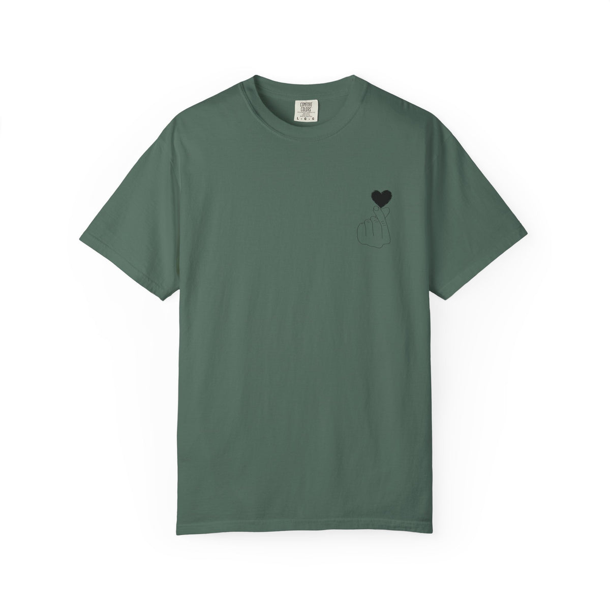 Black finger heart graphic T-shirt from Printify featuring a minimal heart design on the front.