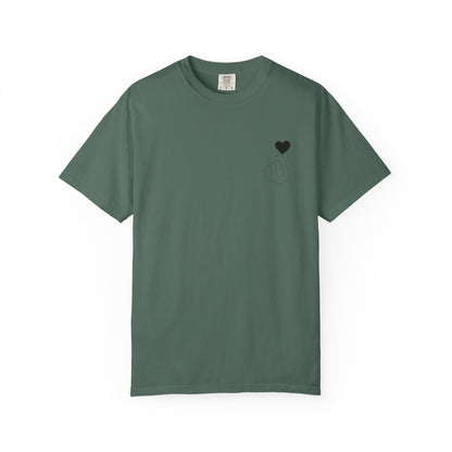 Black finger heart graphic T-shirt from Printify featuring a minimal heart design on the front.