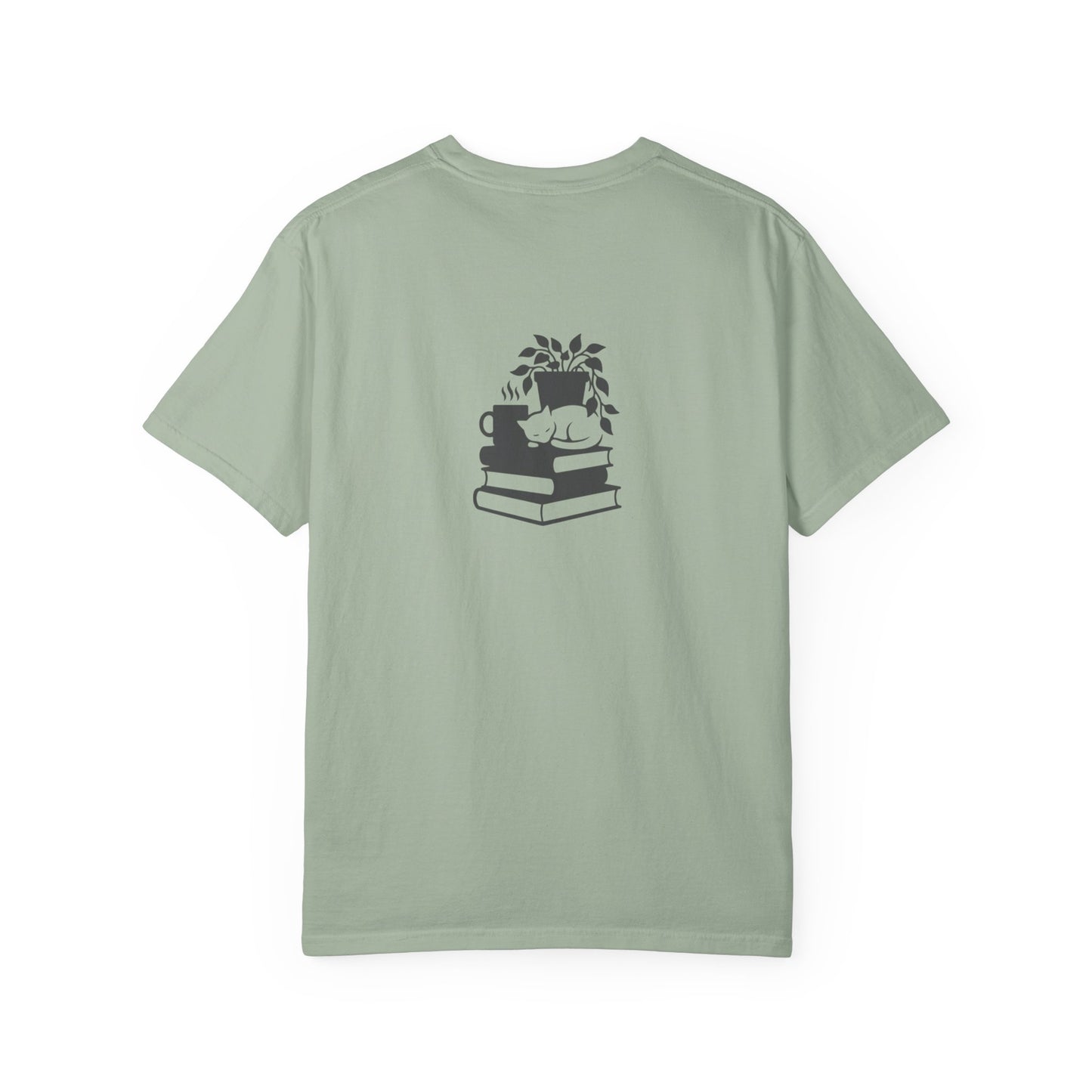 Cozy Cat on Books T-Shirt | Reading Tea Stack Illustration