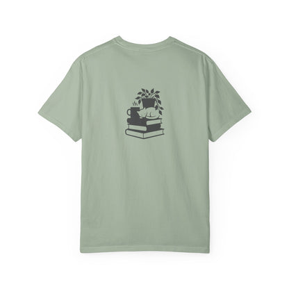 Cozy Cat on Books T-Shirt | Reading Tea Stack Illustration