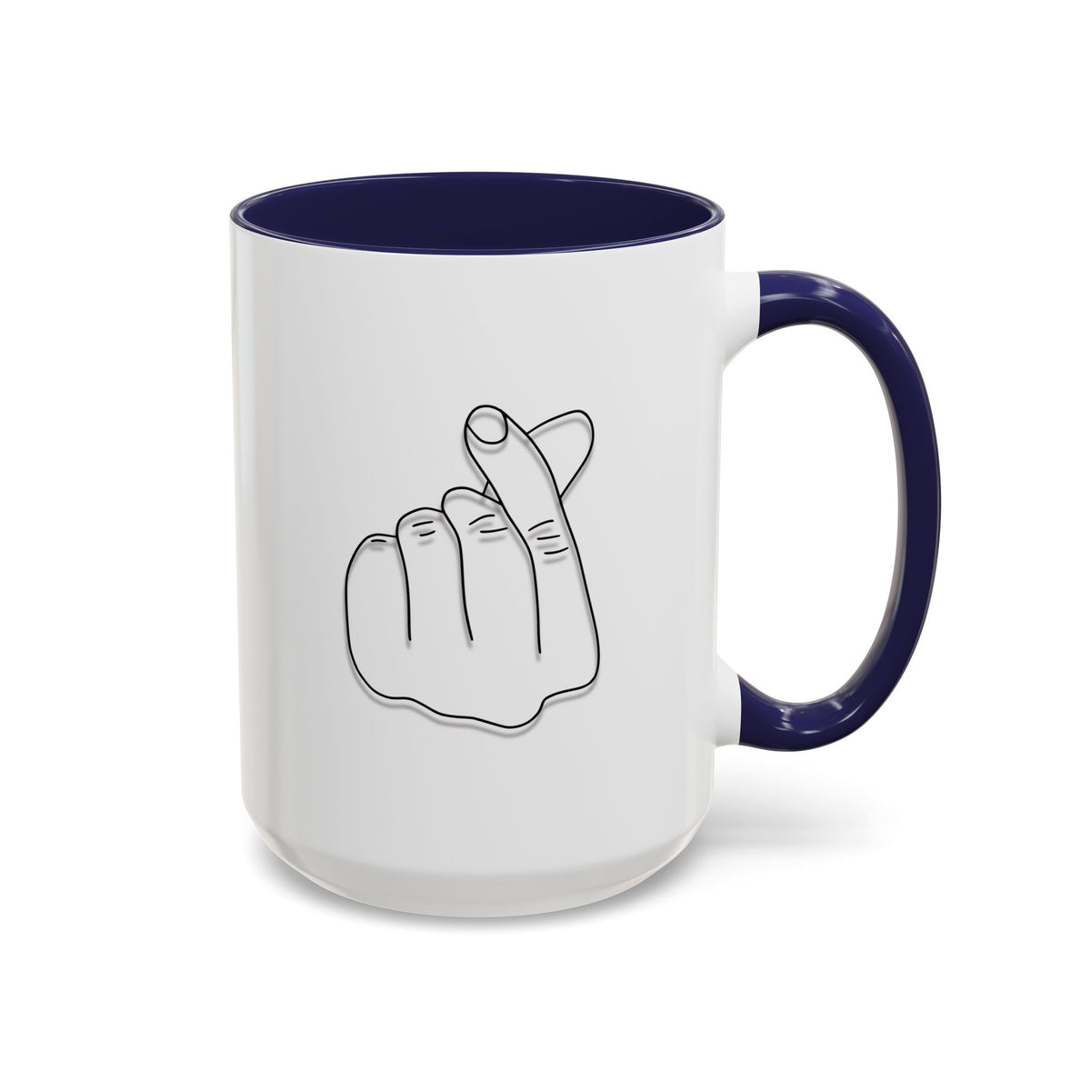 Minimal Korean finger heart accent coffee mug by Printify, 11oz or 15oz ceramic mug with simple heart design.